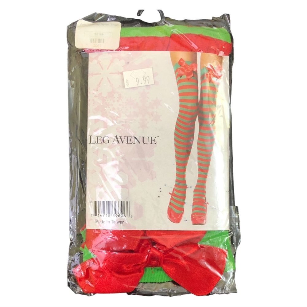 Red & Green Stripe Thigh Highs with Red Ribbon Christmas Theme